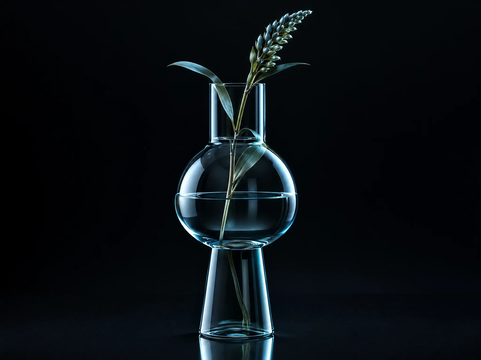 Geometric botanical glass vessel with cyan rim lighting