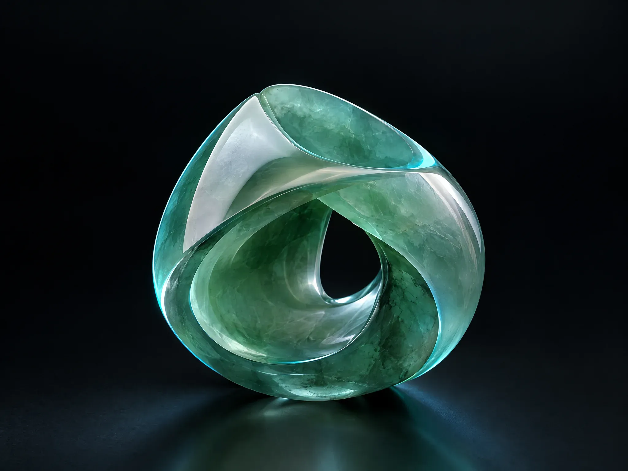 Translucent jade glass form with cyan technical lighting