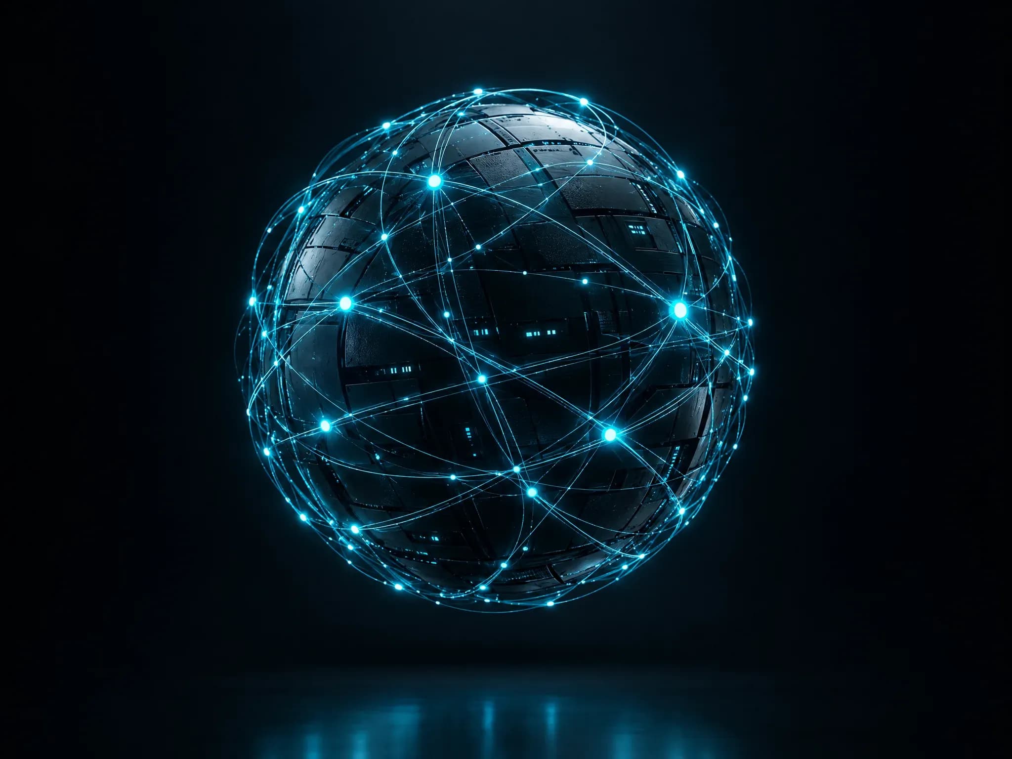 Dark network core with cyan paths and packet points